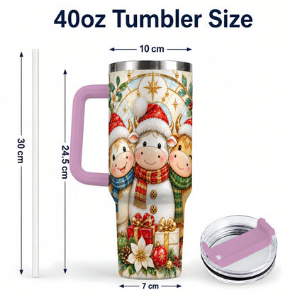 #pl[40oz|Pink] Festive Cow 40oz Tumbler with Handle, Christmas Stainless Steel Travel Cup