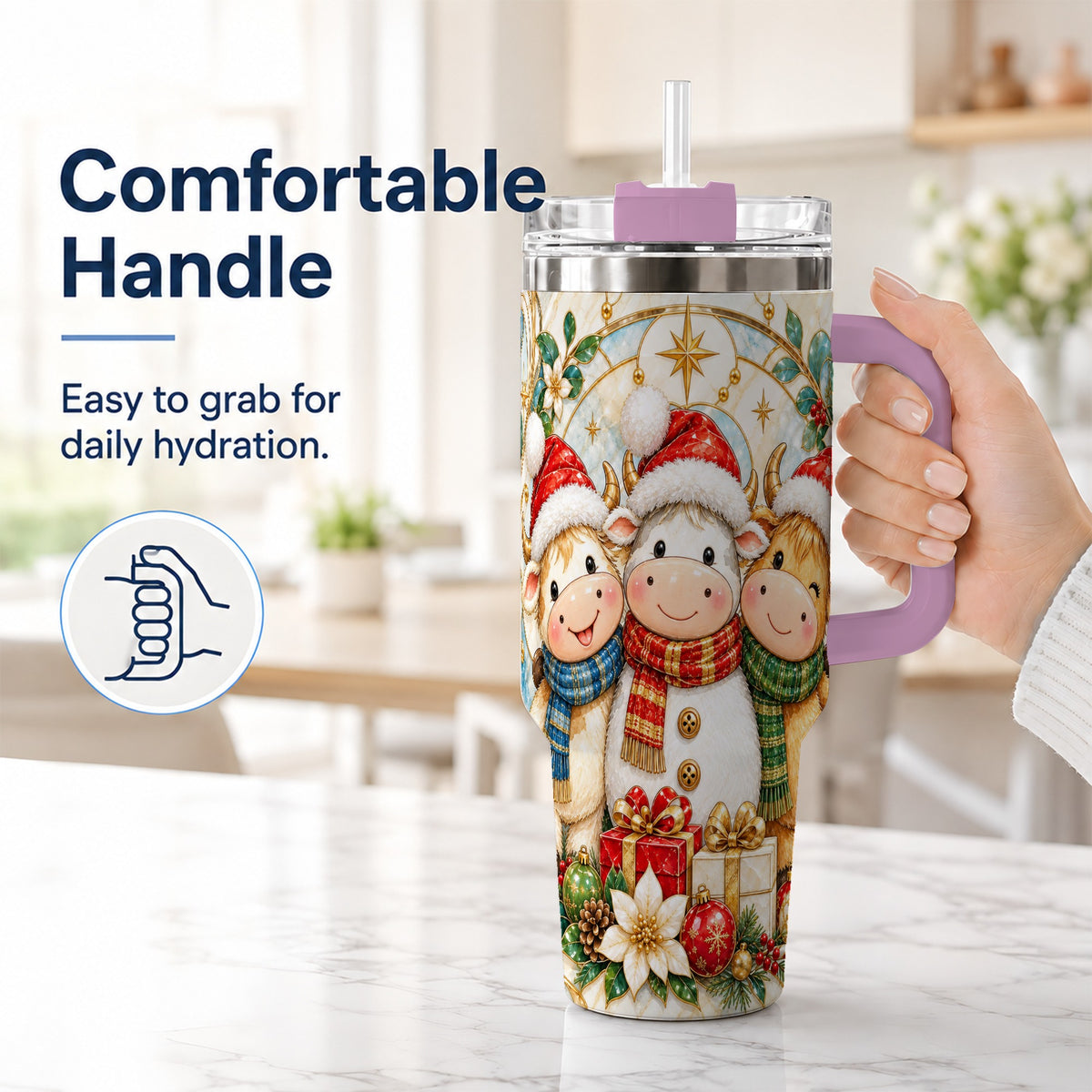 #pl[40oz|Pink] Festive Cow 40oz Tumbler with Handle, Christmas Stainless Steel Travel Cup