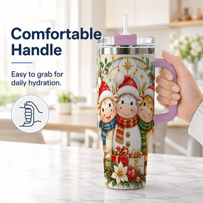 #pl[40oz|Pink] Festive Cow 40oz Tumbler with Handle, Christmas Stainless Steel Travel Cup