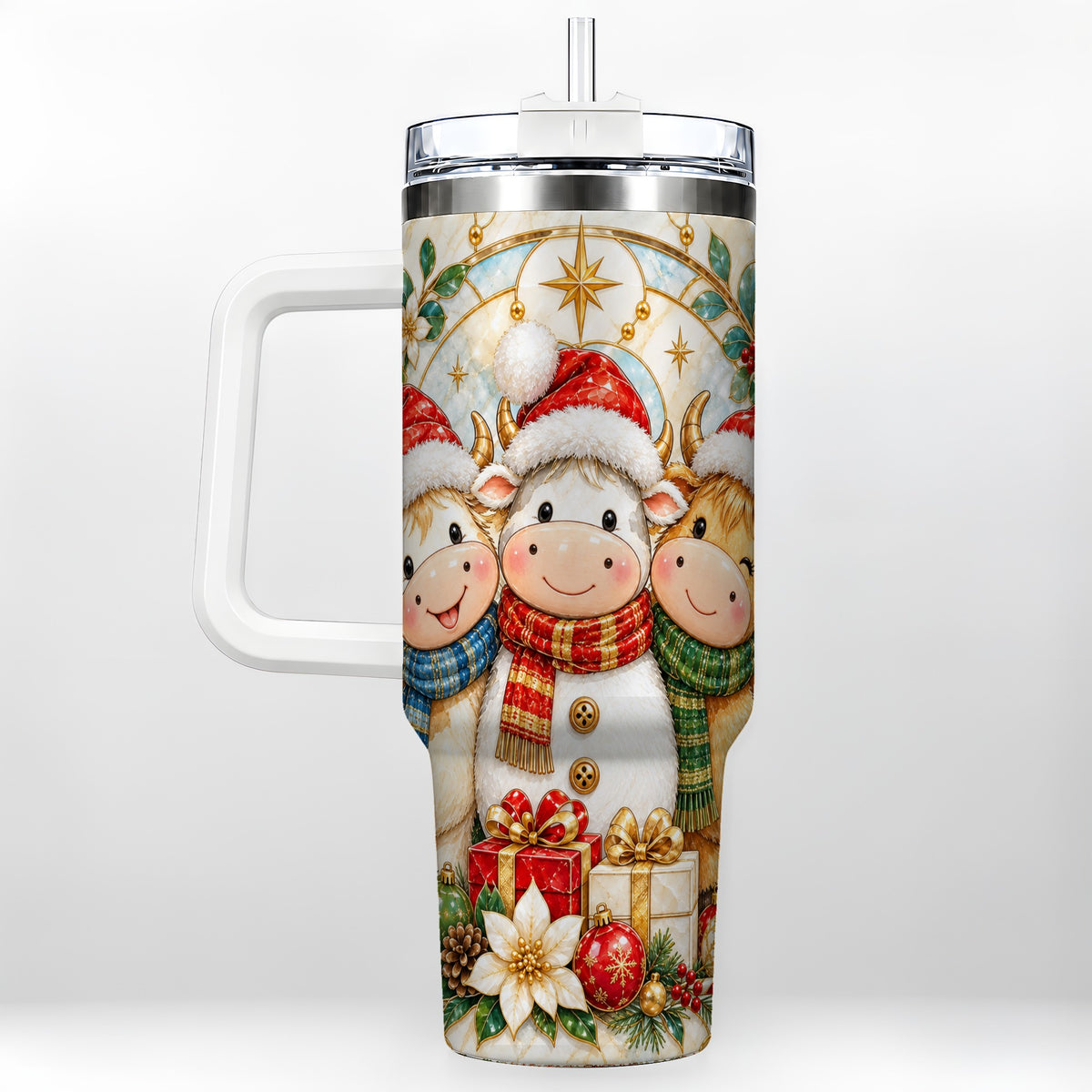 #pl[40oz|White] Festive Cow 40oz Tumbler with Handle, Christmas Stainless Steel Travel Cup