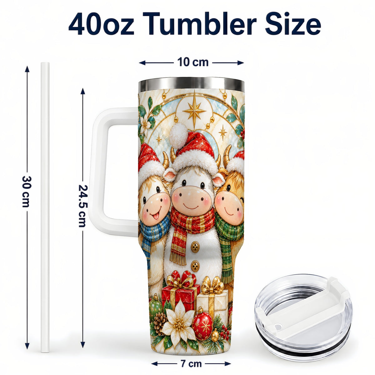 #pl[40oz|White] Festive Cow 40oz Tumbler with Handle, Christmas Stainless Steel Travel Cup