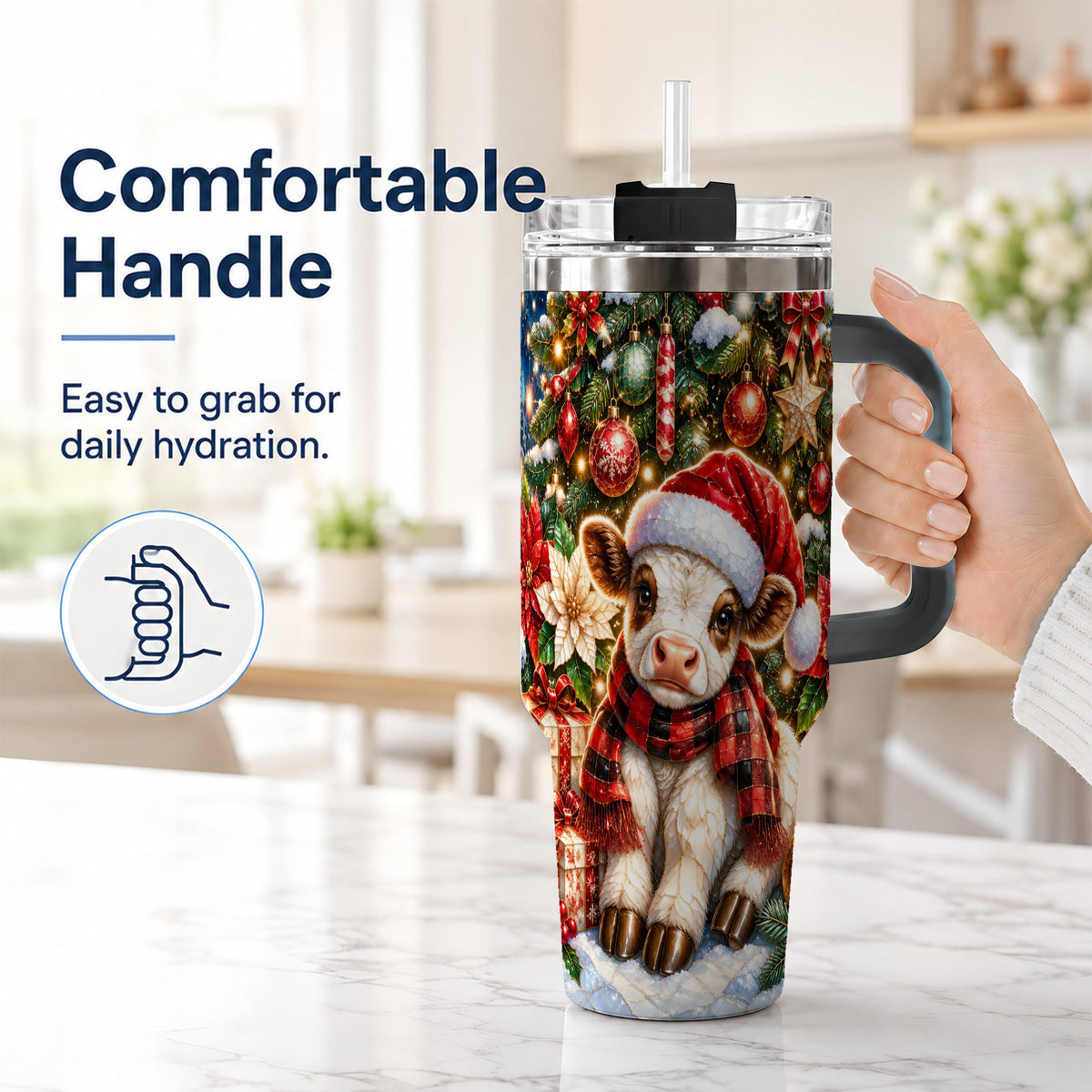 #pl[40oz|Black] Christmas Calf 40oz Tumbler with Handle, Holiday Stainless Steel Travel Cup
