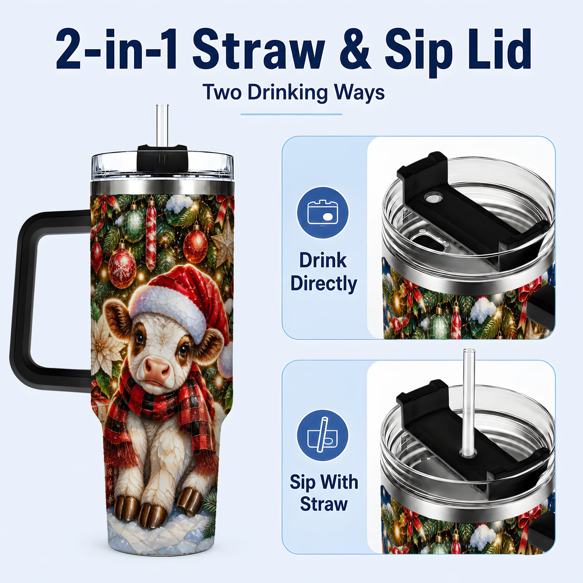 #pl[40oz|Black] Christmas Calf 40oz Tumbler with Handle, Holiday Stainless Steel Travel Cup