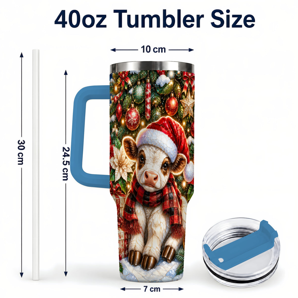 #pl[40oz|Blue] Christmas Calf 40oz Tumbler with Handle, Holiday Stainless Steel Travel Cup