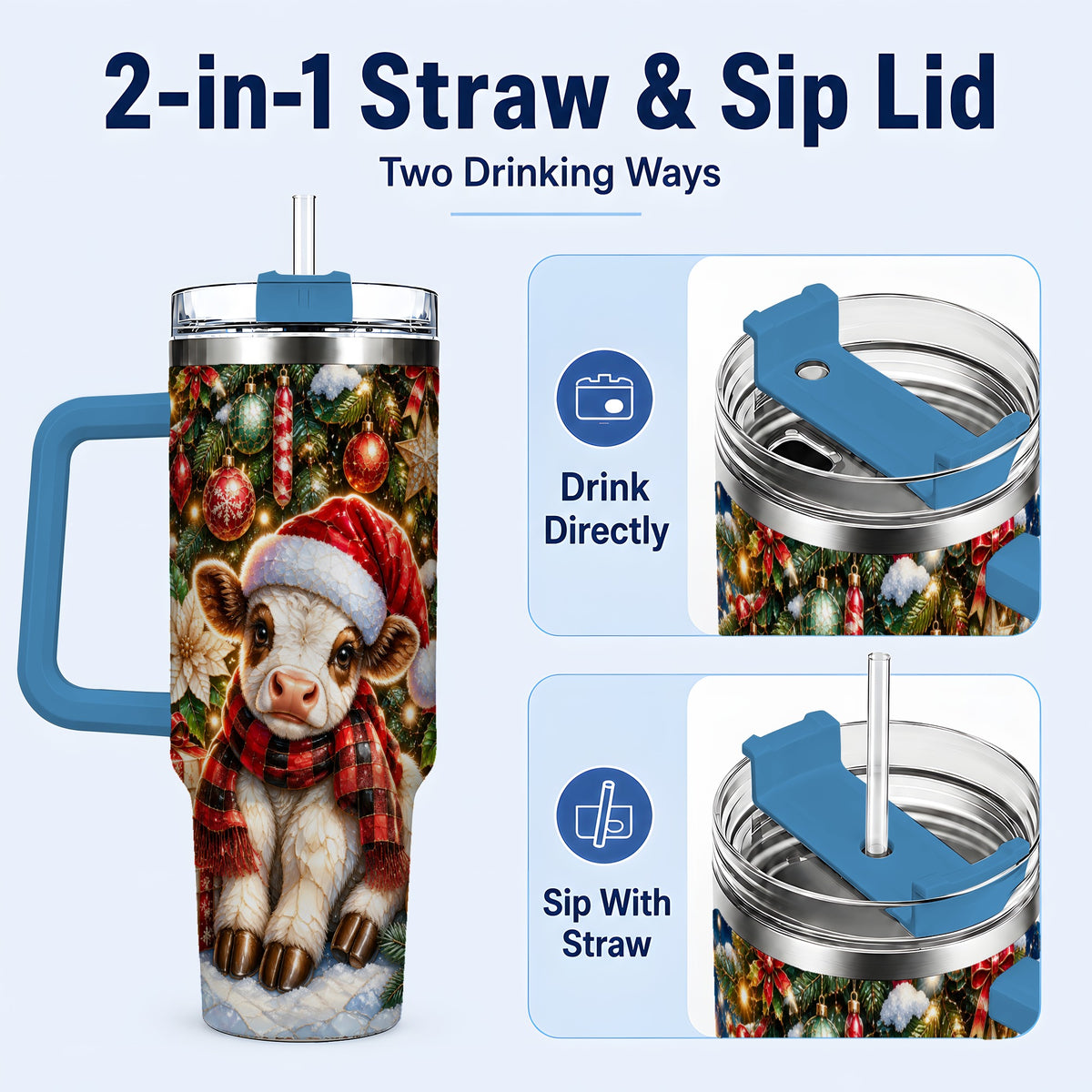 #pl[40oz|Blue] Christmas Calf 40oz Tumbler with Handle, Holiday Stainless Steel Travel Cup