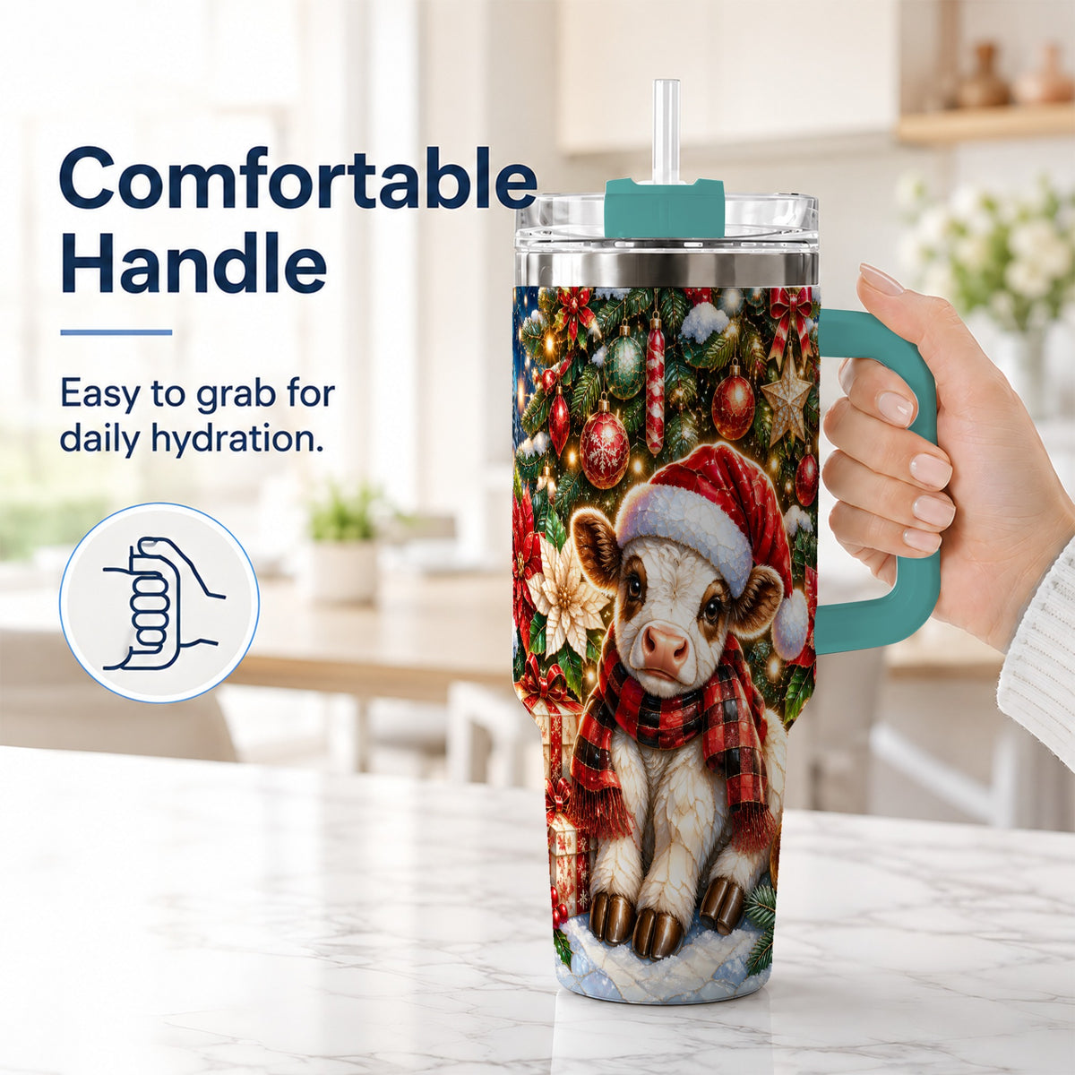 #pl[40oz|Green] Christmas Calf 40oz Tumbler with Handle, Holiday Stainless Steel Travel Cup