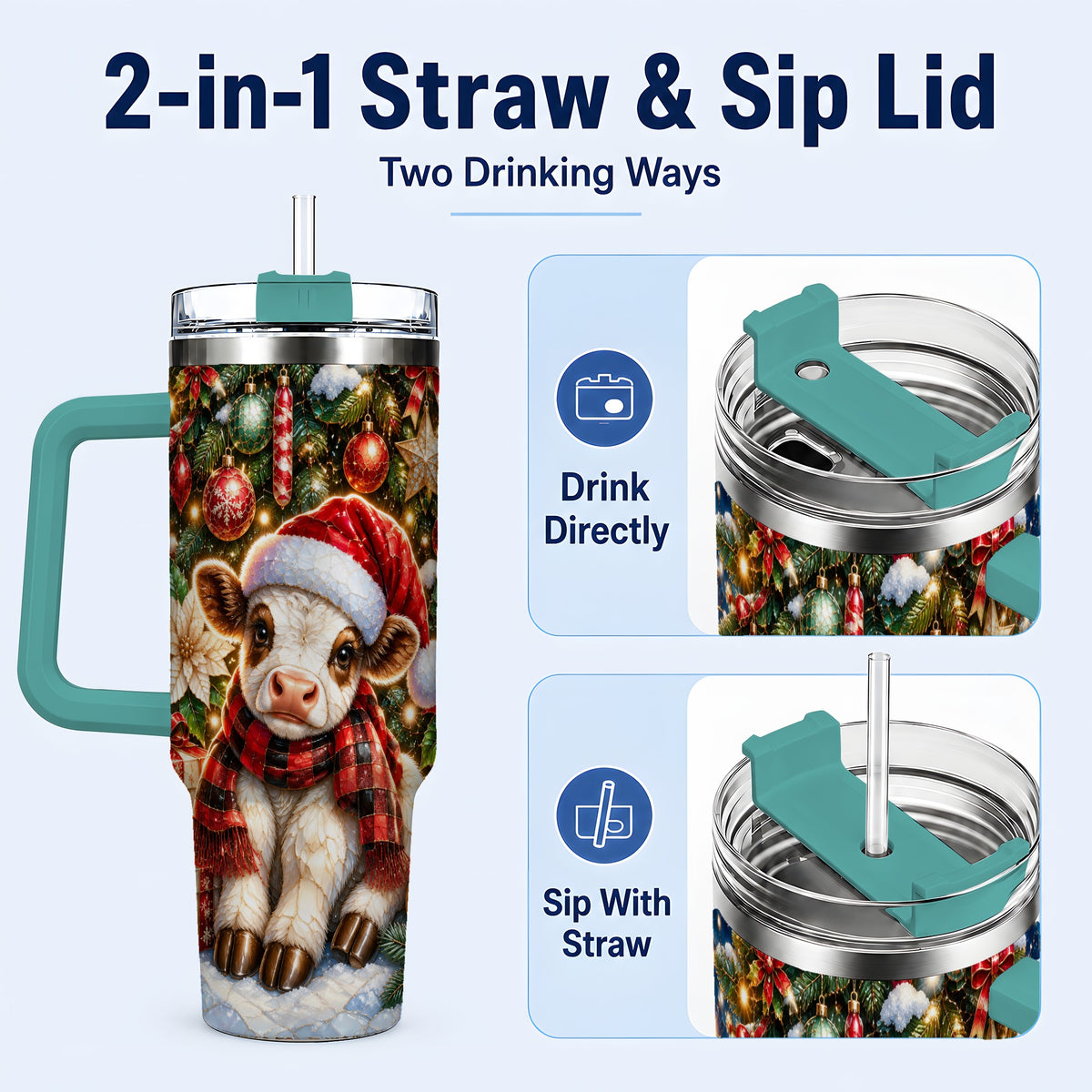 #pl[40oz|Green] Christmas Calf 40oz Tumbler with Handle, Holiday Stainless Steel Travel Cup