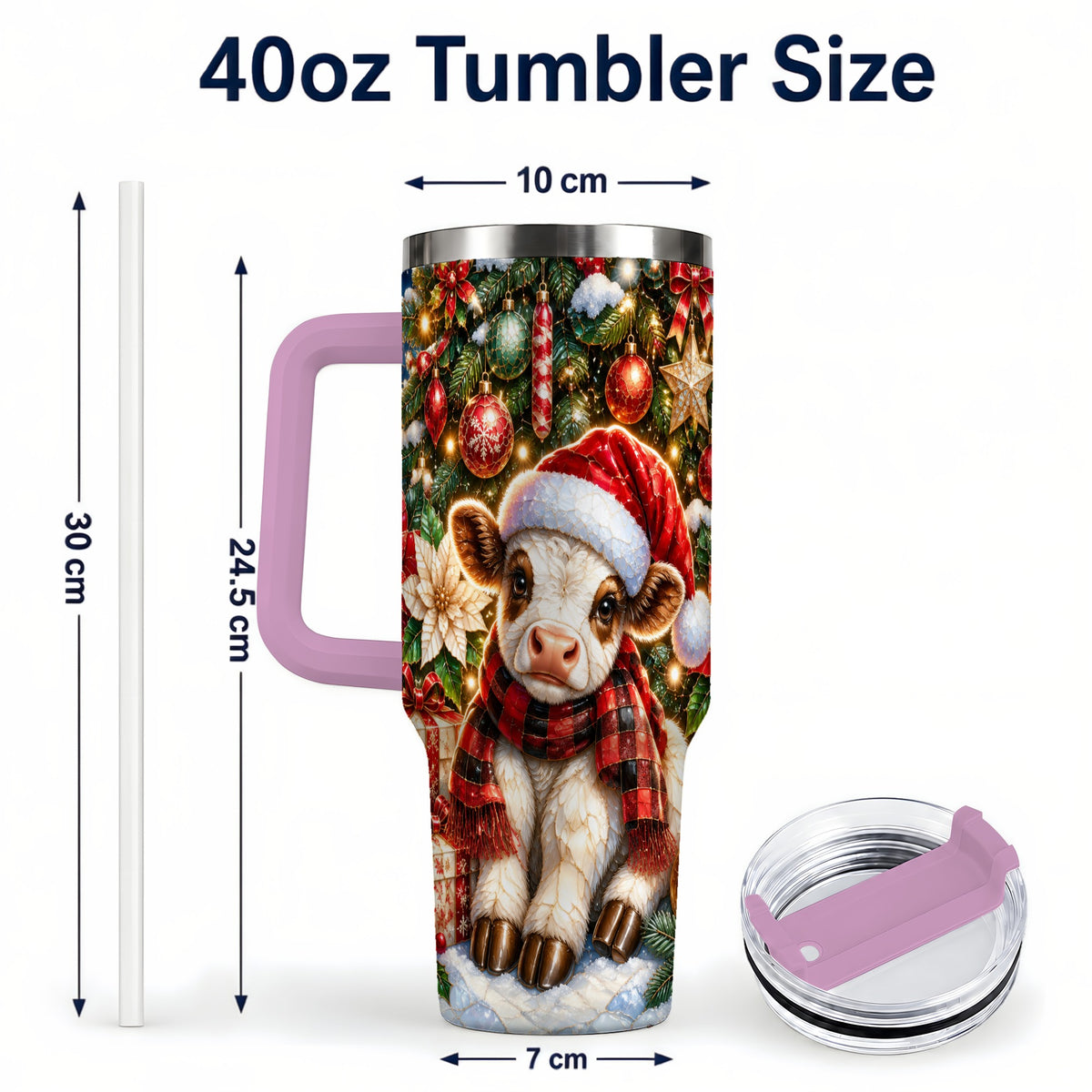 #pl[40oz|Pink] Christmas Calf 40oz Tumbler with Handle, Holiday Stainless Steel Travel Cup