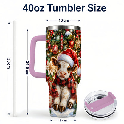 #pl[40oz|Pink] Christmas Calf 40oz Tumbler with Handle, Holiday Stainless Steel Travel Cup