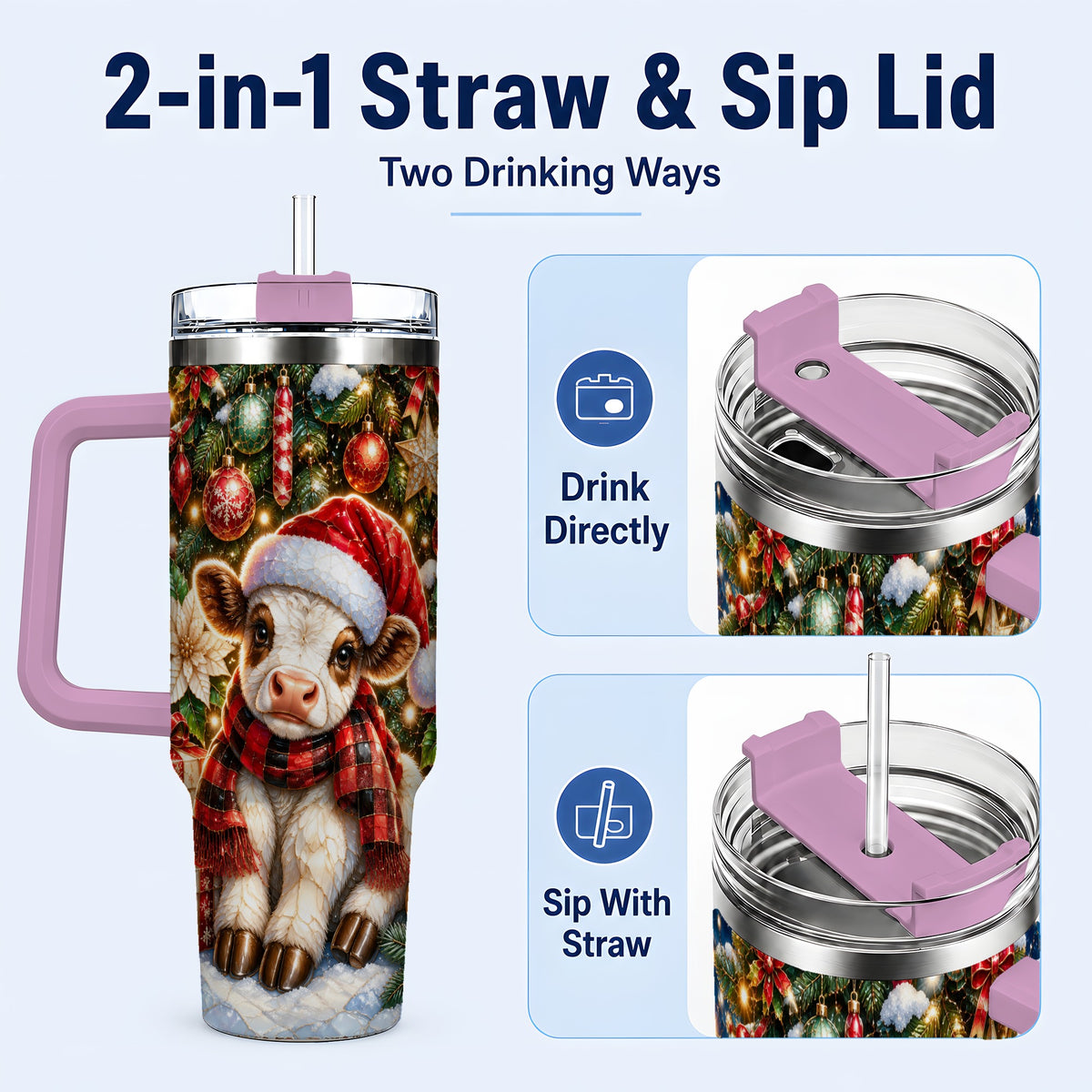 #pl[40oz|Pink] Christmas Calf 40oz Tumbler with Handle, Holiday Stainless Steel Travel Cup