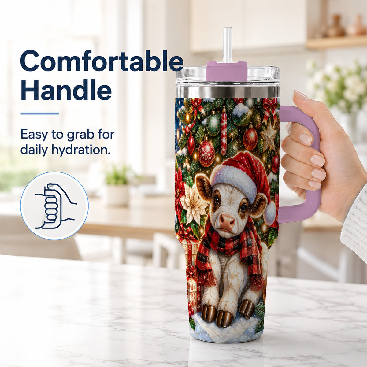 #pl[40oz|Pink] Christmas Calf 40oz Tumbler with Handle, Holiday Stainless Steel Travel Cup