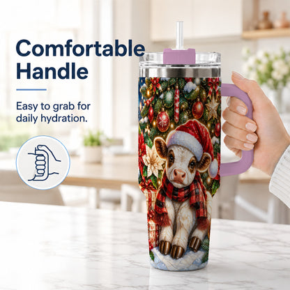 #pl[40oz|Pink] Christmas Calf 40oz Tumbler with Handle, Holiday Stainless Steel Travel Cup