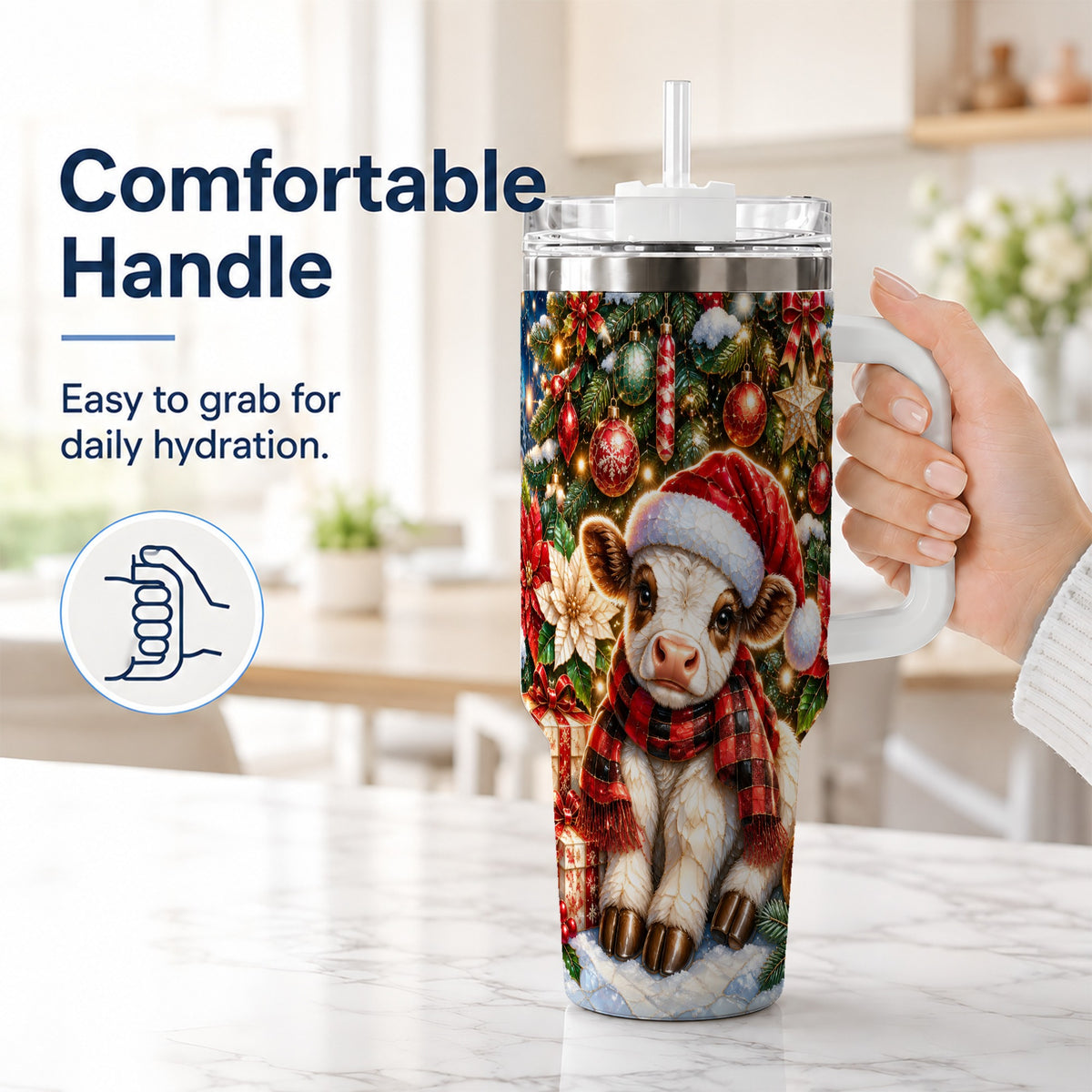 #pl[40oz|White] Christmas Calf 40oz Tumbler with Handle, Holiday Stainless Steel Travel Cup