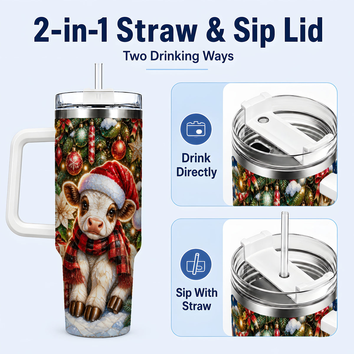 #pl[40oz|White] Christmas Calf 40oz Tumbler with Handle, Holiday Stainless Steel Travel Cup