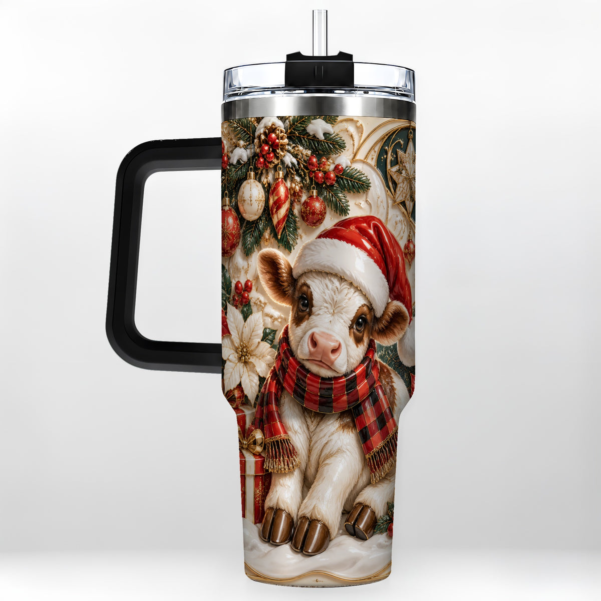 #pl[40oz|Black] Christmas Calf 40oz Tumbler with Handle, Holiday Stainless Steel Travel Cup