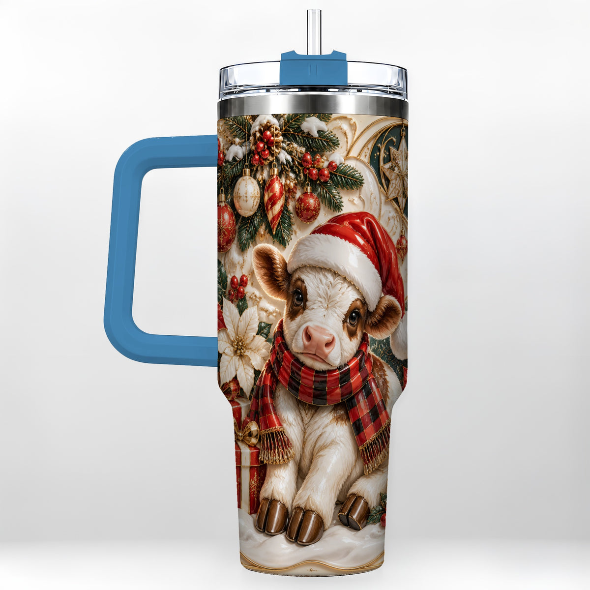 #pl[40oz|Blue] Christmas Calf 40oz Tumbler with Handle, Holiday Stainless Steel Travel Cup