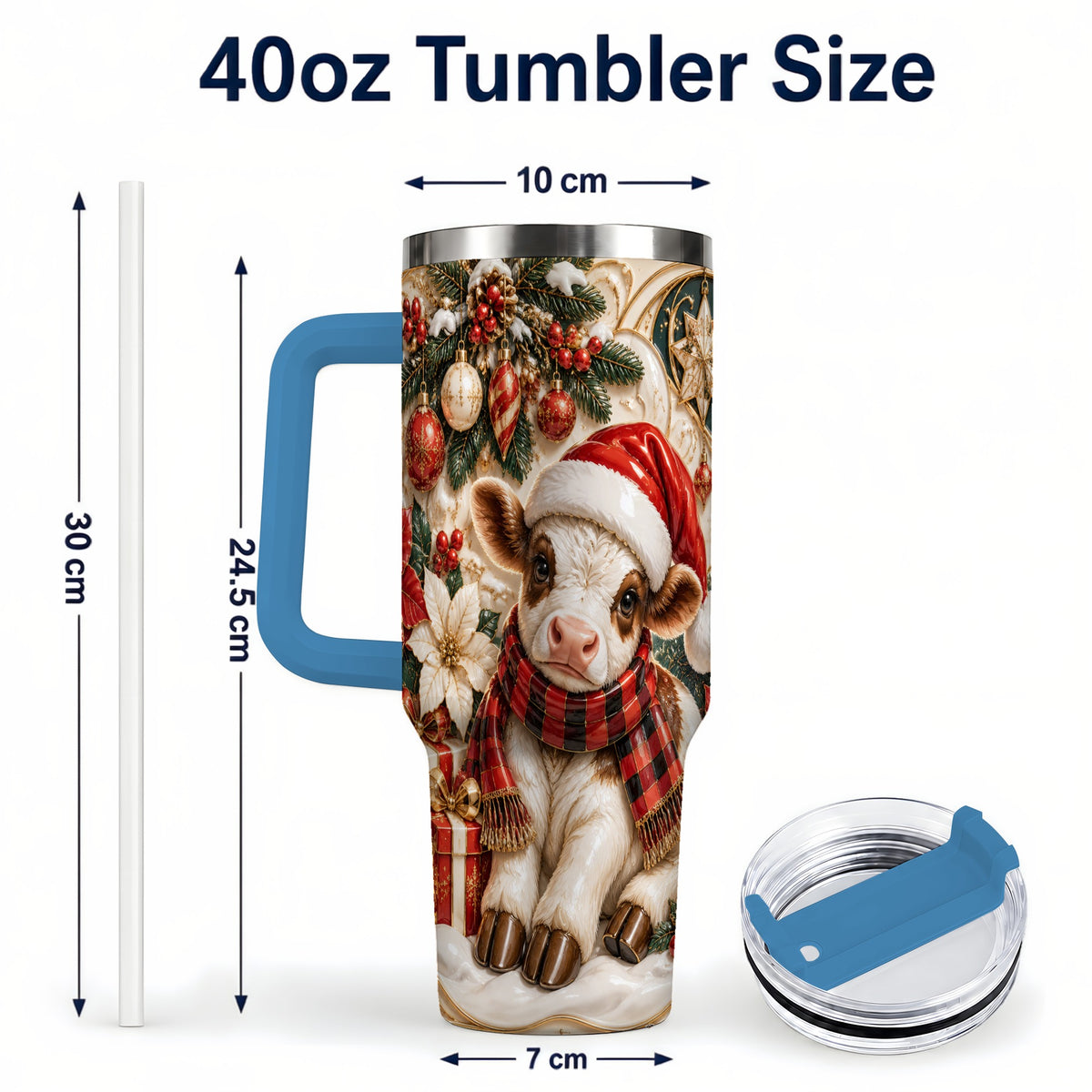 #pl[40oz|Blue] Christmas Calf 40oz Tumbler with Handle, Holiday Stainless Steel Travel Cup