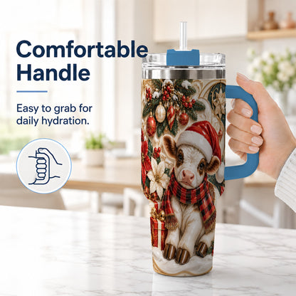 #pl[40oz|Blue] Christmas Calf 40oz Tumbler with Handle, Holiday Stainless Steel Travel Cup
