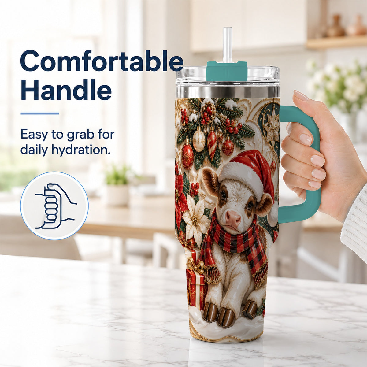 #pl[40oz|Green] Christmas Calf 40oz Tumbler with Handle, Holiday Stainless Steel Travel Cup
