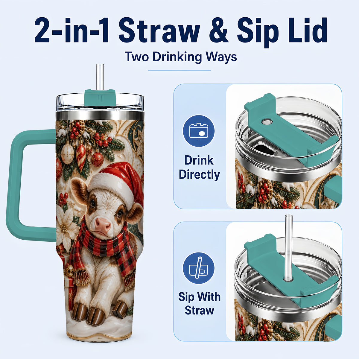 #pl[40oz|Green] Christmas Calf 40oz Tumbler with Handle, Holiday Stainless Steel Travel Cup