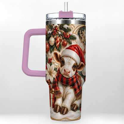 #pl[40oz|Pink] Christmas Calf 40oz Tumbler with Handle, Holiday Stainless Steel Travel Cup