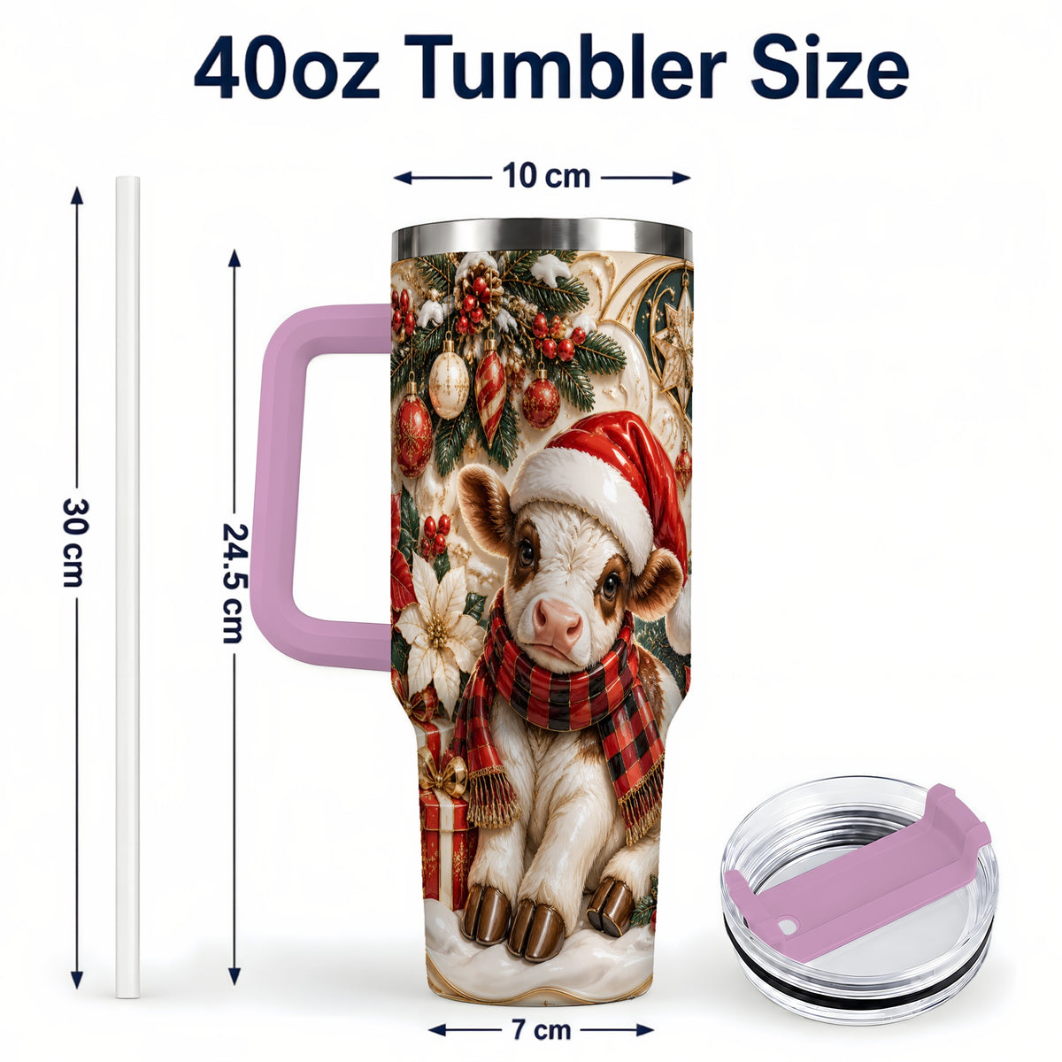 #pl[40oz|Pink] Christmas Calf 40oz Tumbler with Handle, Holiday Stainless Steel Travel Cup