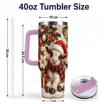 #pl[40oz|Pink] Christmas Calf 40oz Tumbler with Handle, Holiday Stainless Steel Travel Cup