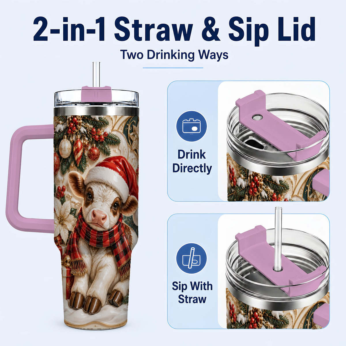 #pl[40oz|Pink] Christmas Calf 40oz Tumbler with Handle, Holiday Stainless Steel Travel Cup