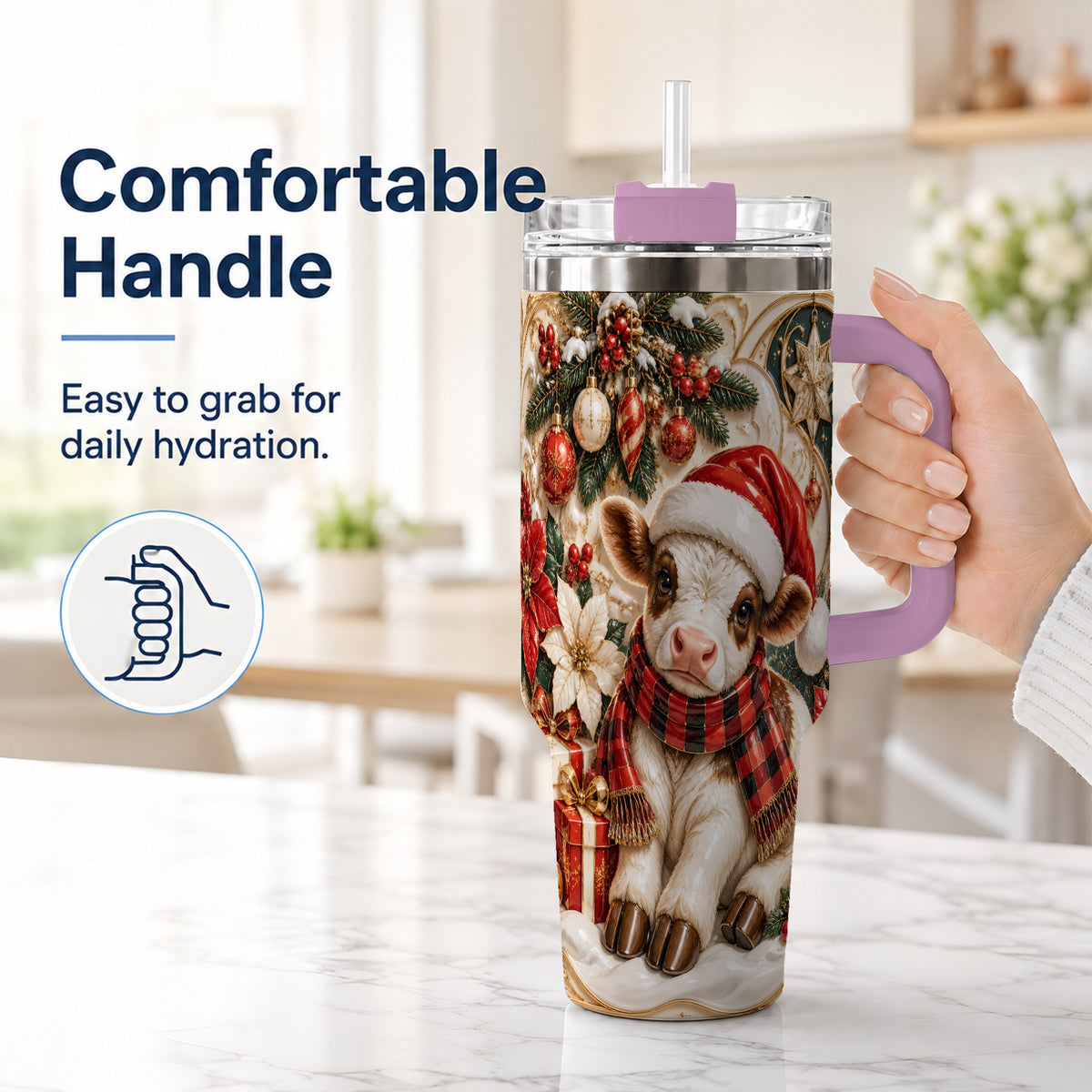 #pl[40oz|Pink] Christmas Calf 40oz Tumbler with Handle, Holiday Stainless Steel Travel Cup