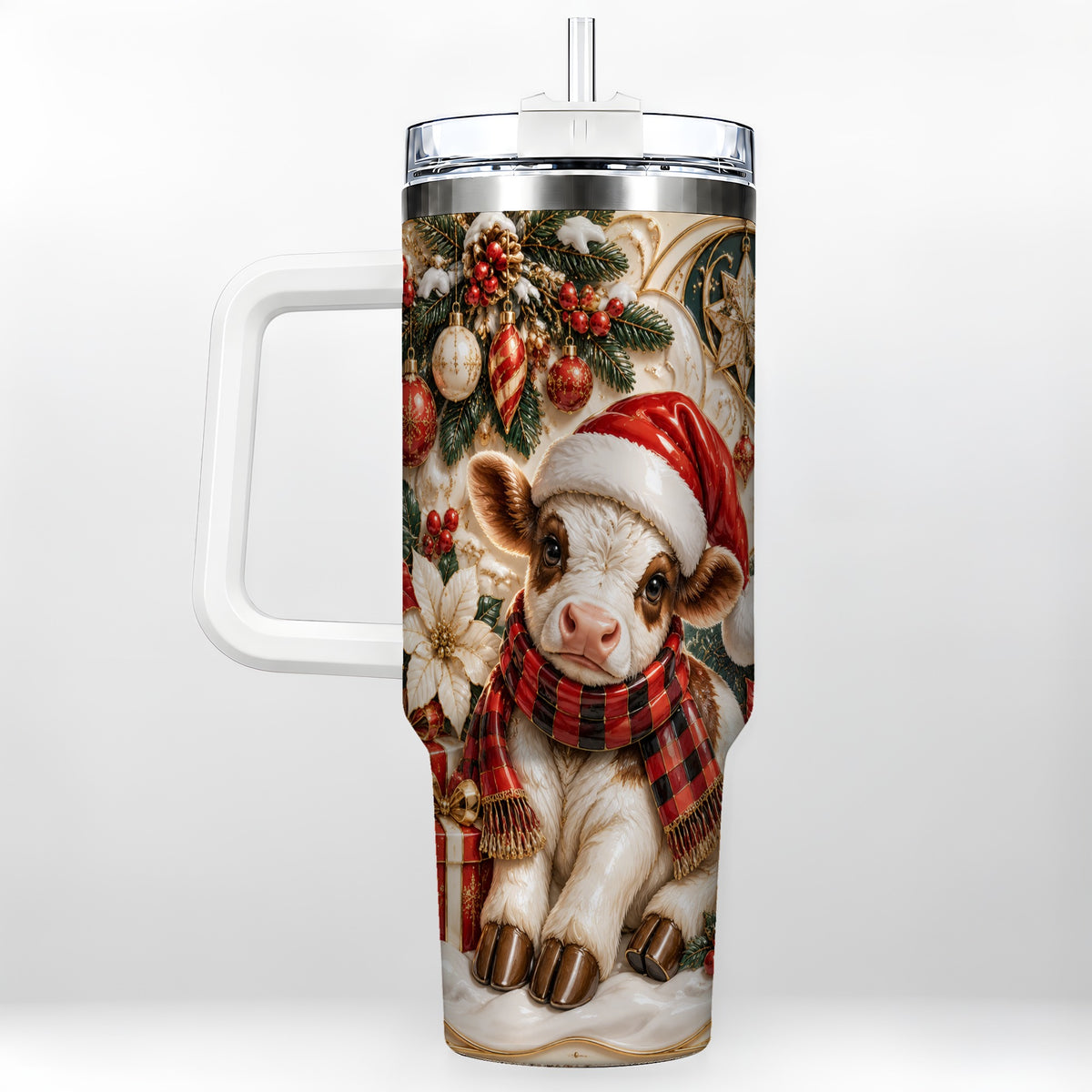 #pl[40oz|White] Christmas Calf 40oz Tumbler with Handle, Holiday Stainless Steel Travel Cup