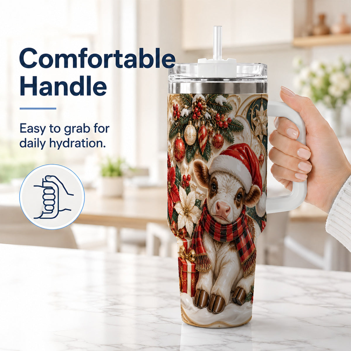 #pl[40oz|White] Christmas Calf 40oz Tumbler with Handle, Holiday Stainless Steel Travel Cup