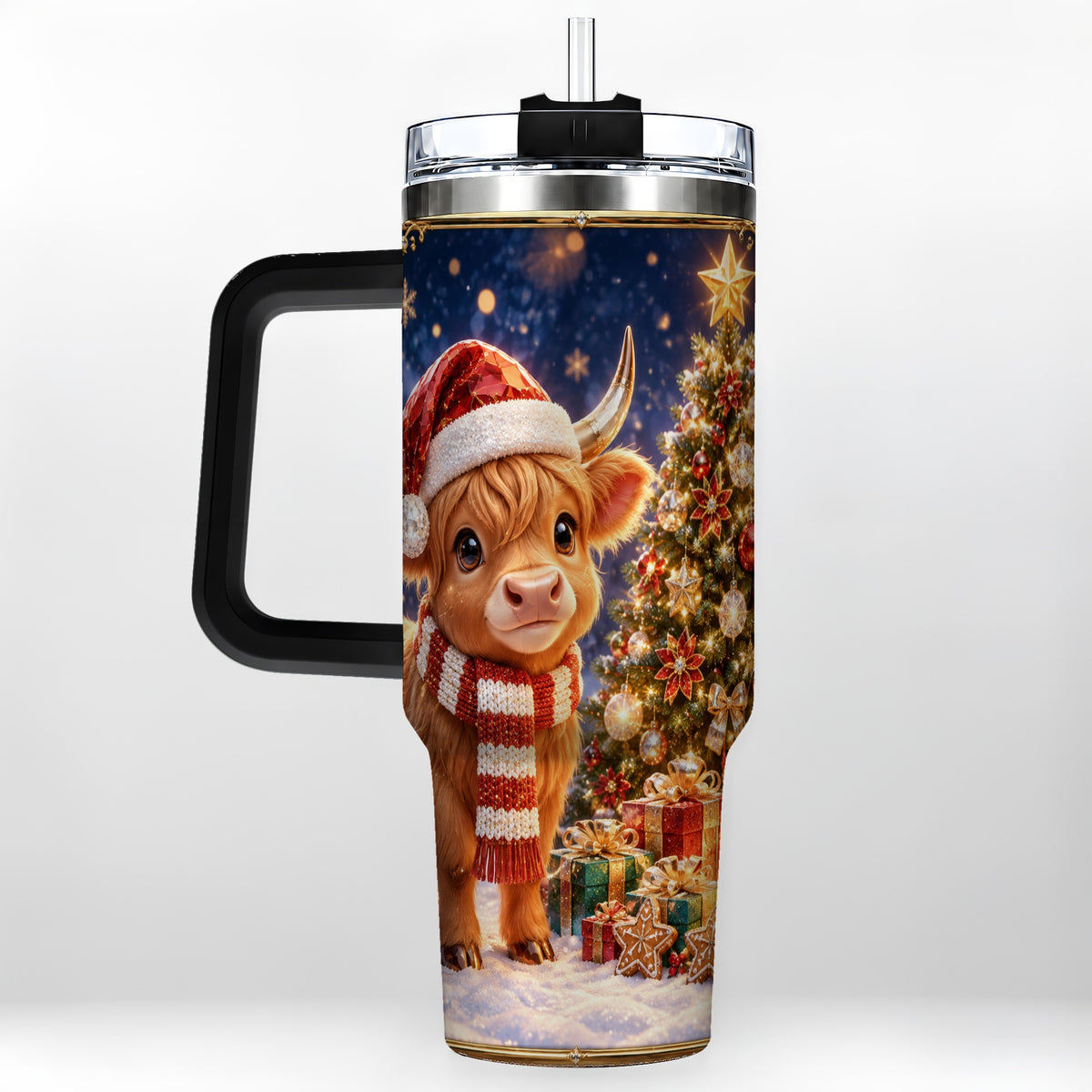 #pl[40oz|Black] Cute Christmas Highland Cow 40oz Tumbler, Holiday Travel Cup