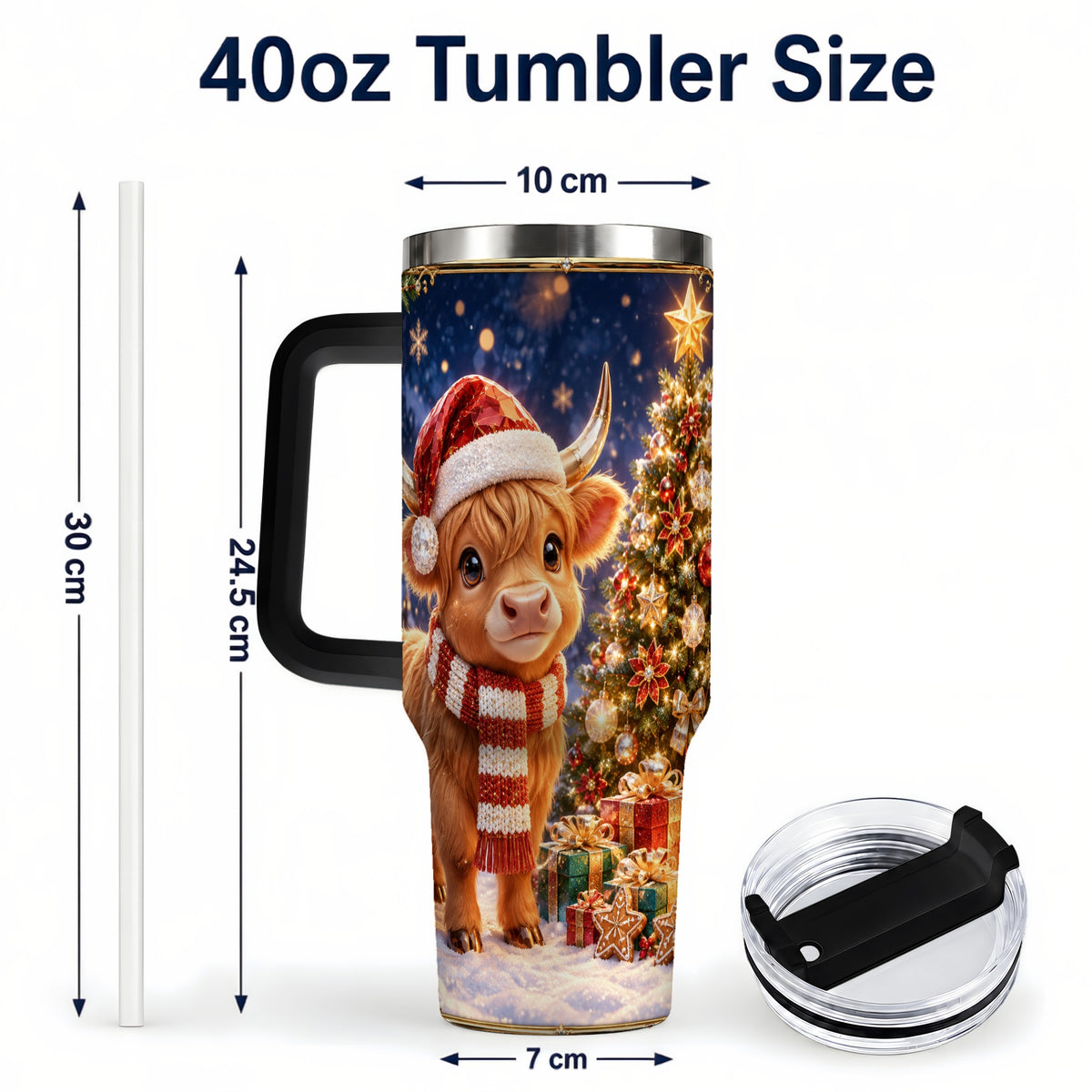 #pl[40oz|Black] Cute Christmas Highland Cow 40oz Tumbler, Holiday Travel Cup