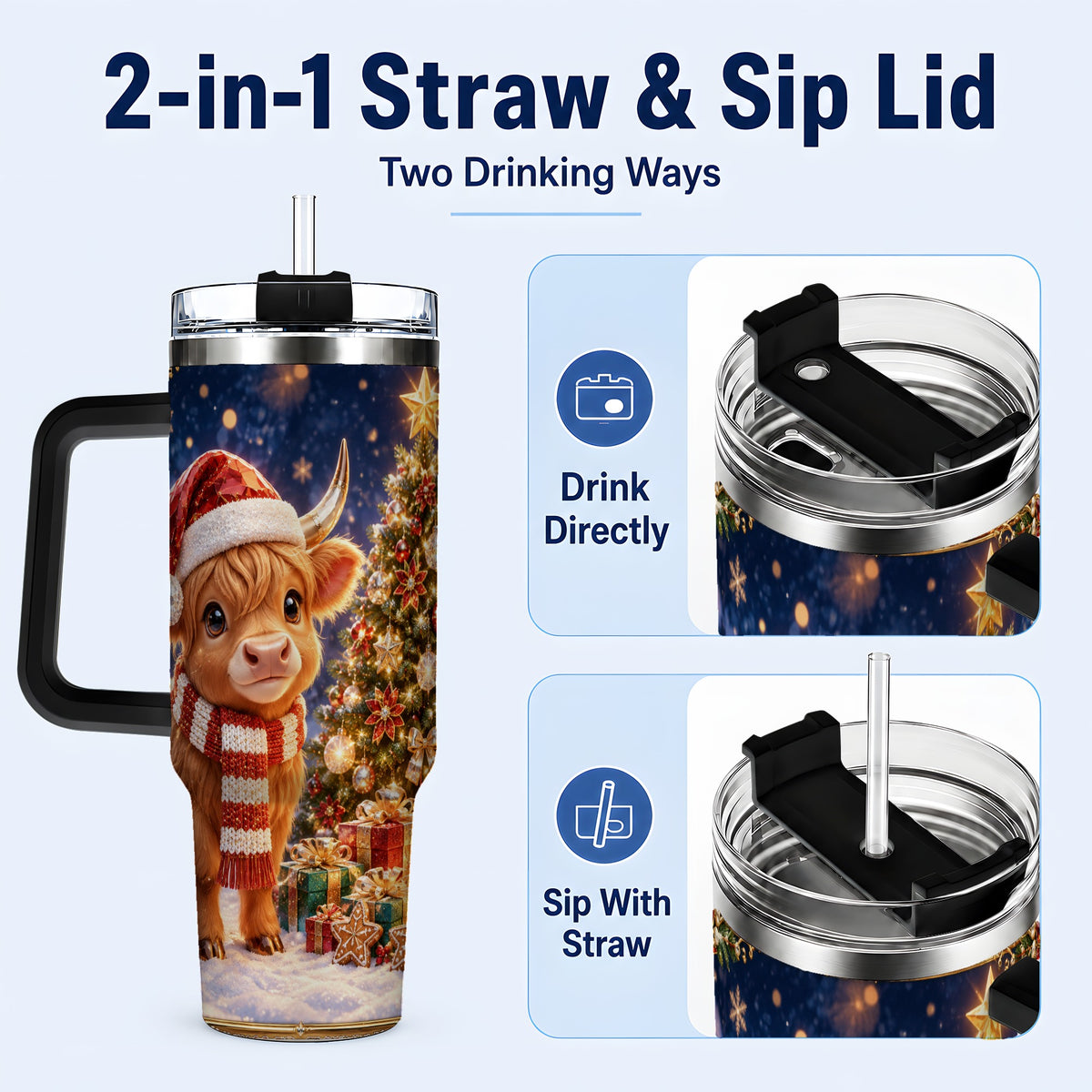 #pl[40oz|Black] Cute Christmas Highland Cow 40oz Tumbler, Holiday Travel Cup