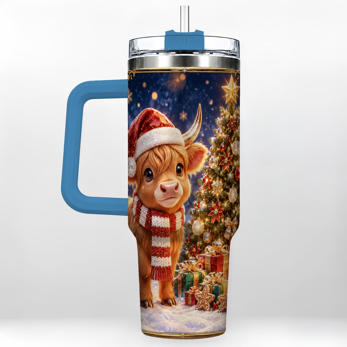 #pl[40oz|Blue] Cute Christmas Highland Cow 40oz Tumbler, Holiday Travel Cup