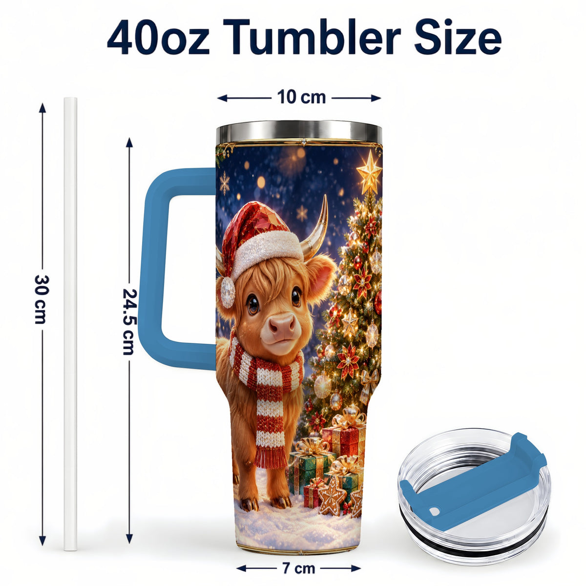 #pl[40oz|Blue] Cute Christmas Highland Cow 40oz Tumbler, Holiday Travel Cup