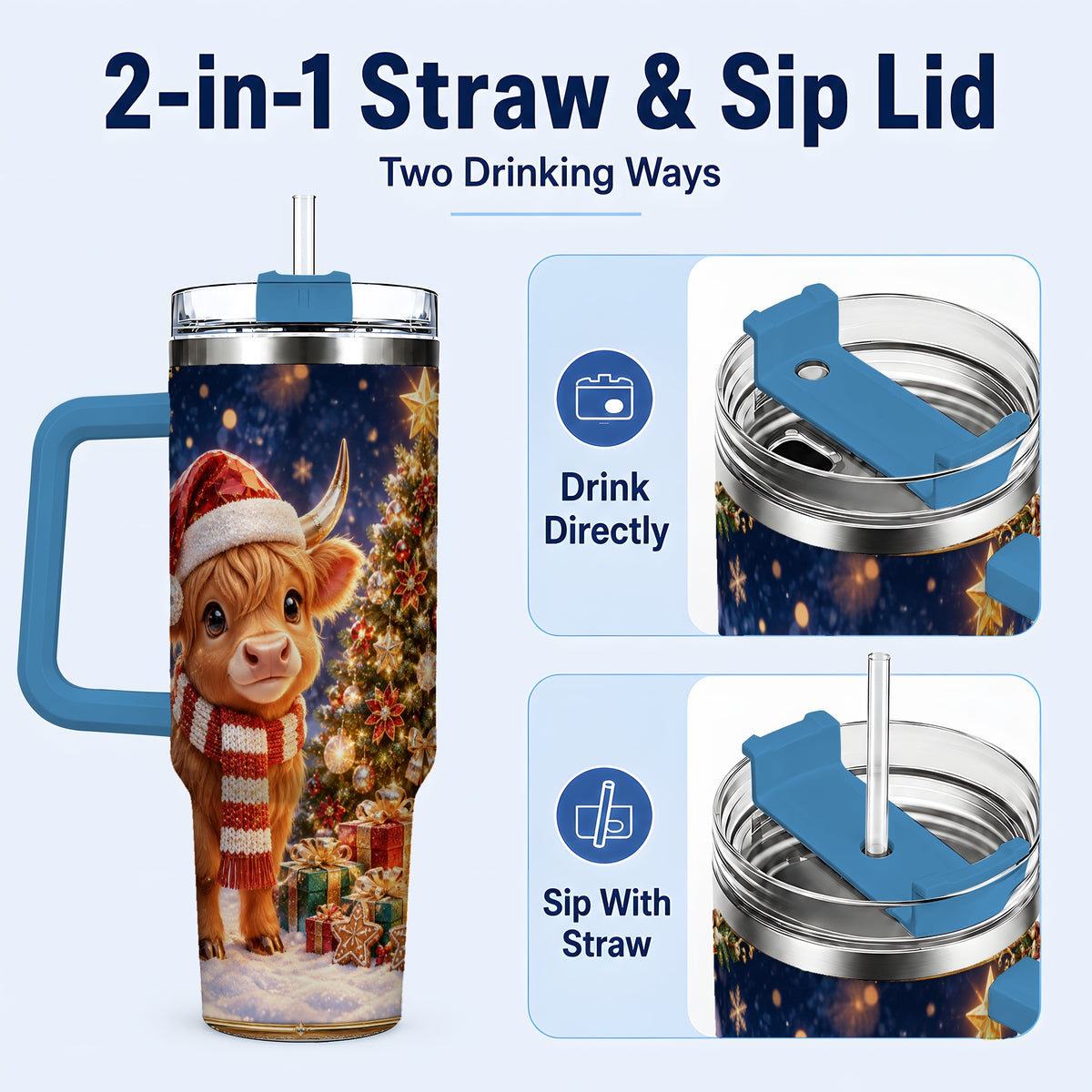#pl[40oz|Blue] Cute Christmas Highland Cow 40oz Tumbler, Holiday Travel Cup