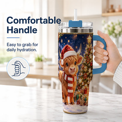 #pl[40oz|Blue] Cute Christmas Highland Cow 40oz Tumbler, Holiday Travel Cup