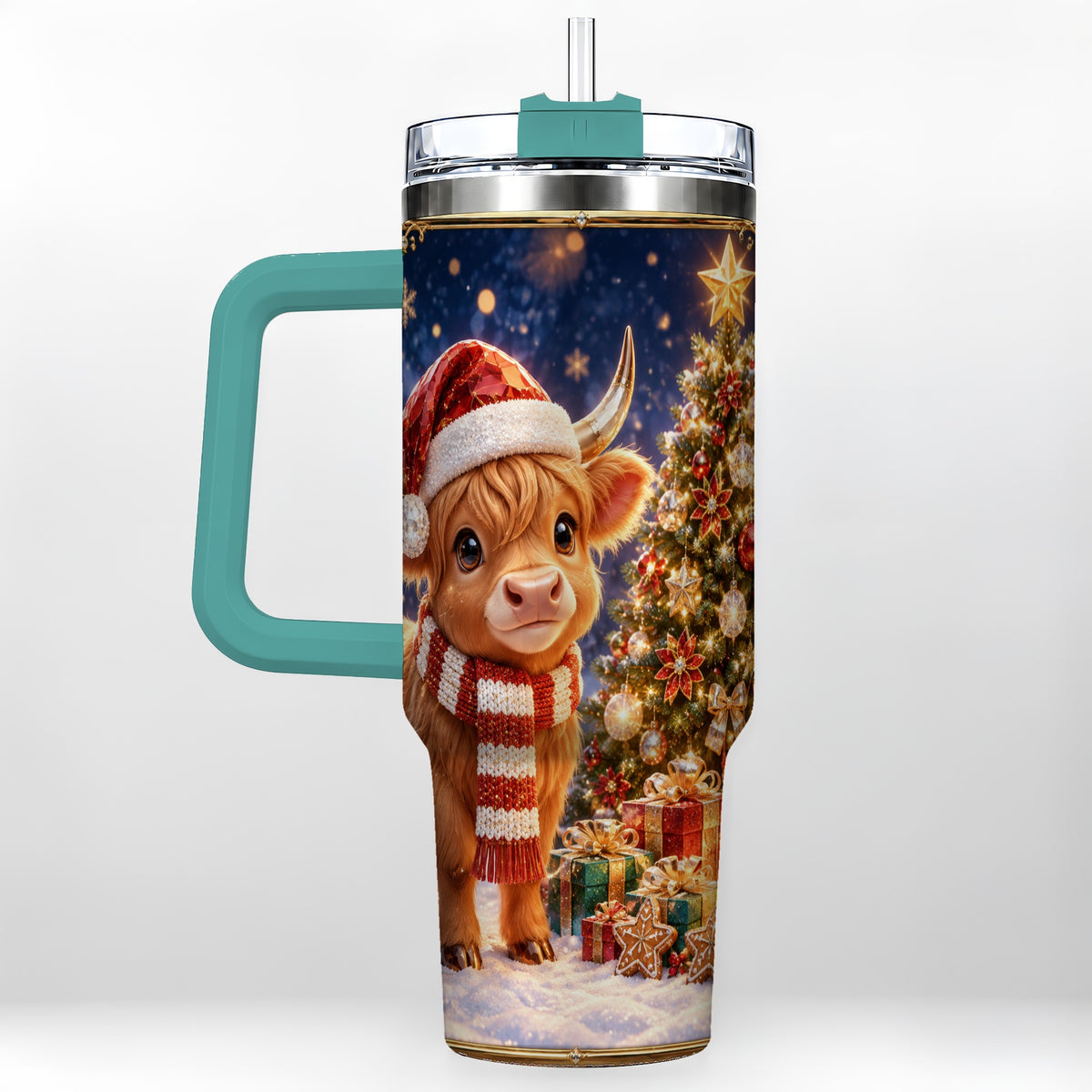 #pl[40oz|Green] Cute Christmas Highland Cow 40oz Tumbler, Holiday Travel Cup