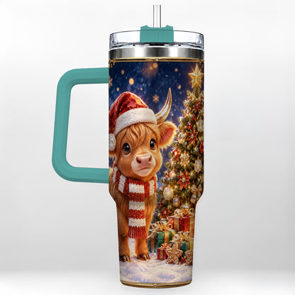 #pl[40oz|Green] Cute Christmas Highland Cow 40oz Tumbler, Holiday Travel Cup