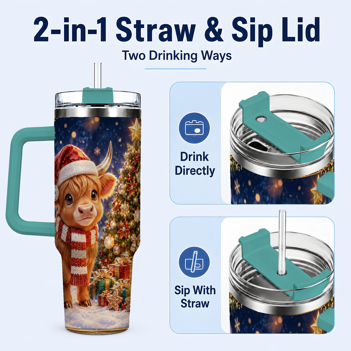 #pl[40oz|Green] Cute Christmas Highland Cow 40oz Tumbler, Holiday Travel Cup