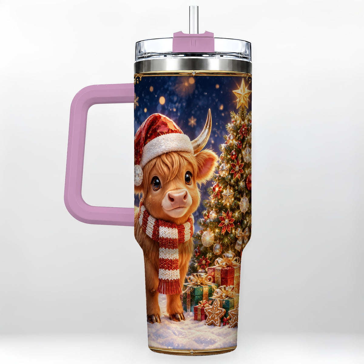 #pl[40oz|Pink] Cute Christmas Highland Cow 40oz Tumbler, Holiday Travel Cup