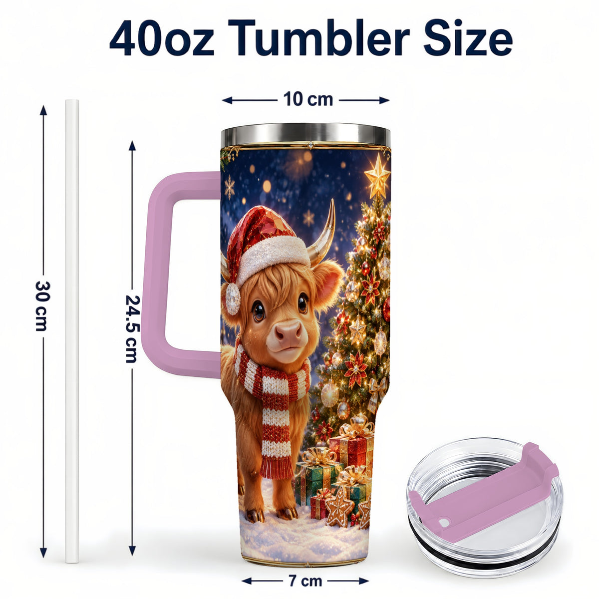 #pl[40oz|Pink] Cute Christmas Highland Cow 40oz Tumbler, Holiday Travel Cup