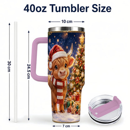 #pl[40oz|Pink] Cute Christmas Highland Cow 40oz Tumbler, Holiday Travel Cup
