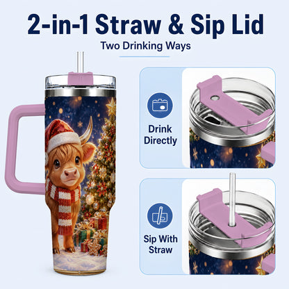 #pl[40oz|Pink] Cute Christmas Highland Cow 40oz Tumbler, Holiday Travel Cup