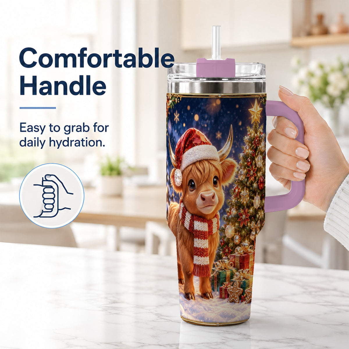 #pl[40oz|Pink] Cute Christmas Highland Cow 40oz Tumbler, Holiday Travel Cup