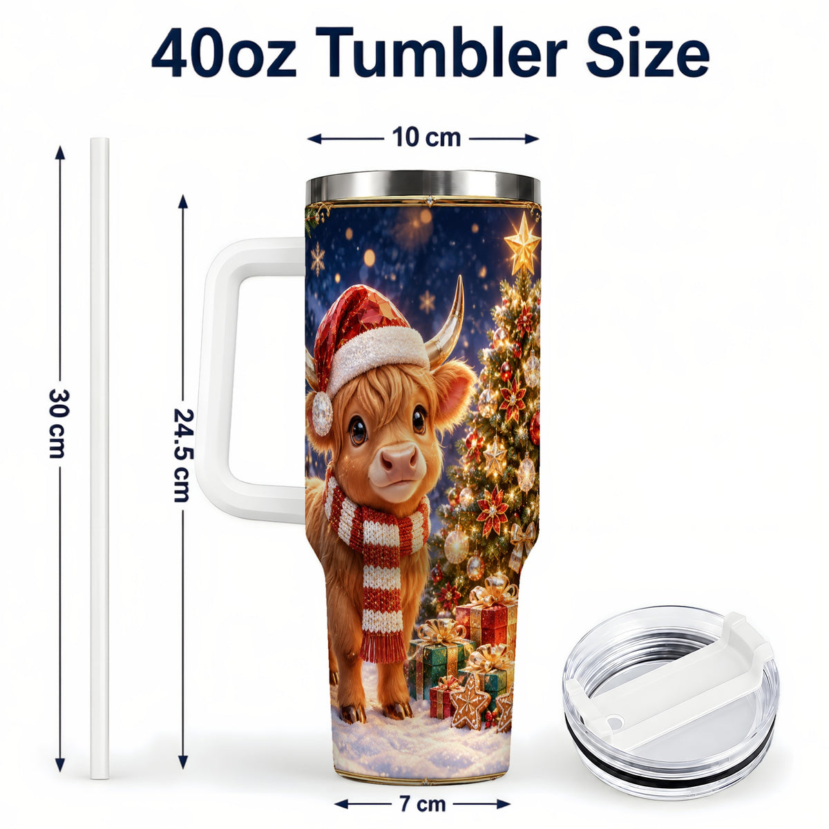 #pl[40oz|White] Cute Christmas Highland Cow 40oz Tumbler, Holiday Travel Cup