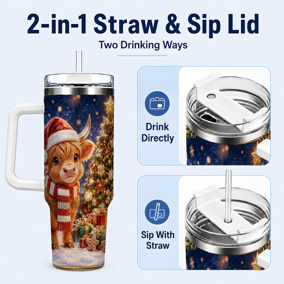 #pl[40oz|White] Cute Christmas Highland Cow 40oz Tumbler, Holiday Travel Cup