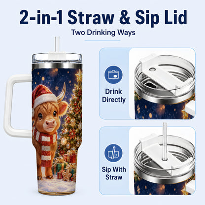 #pl[40oz|White] Cute Christmas Highland Cow 40oz Tumbler, Holiday Travel Cup