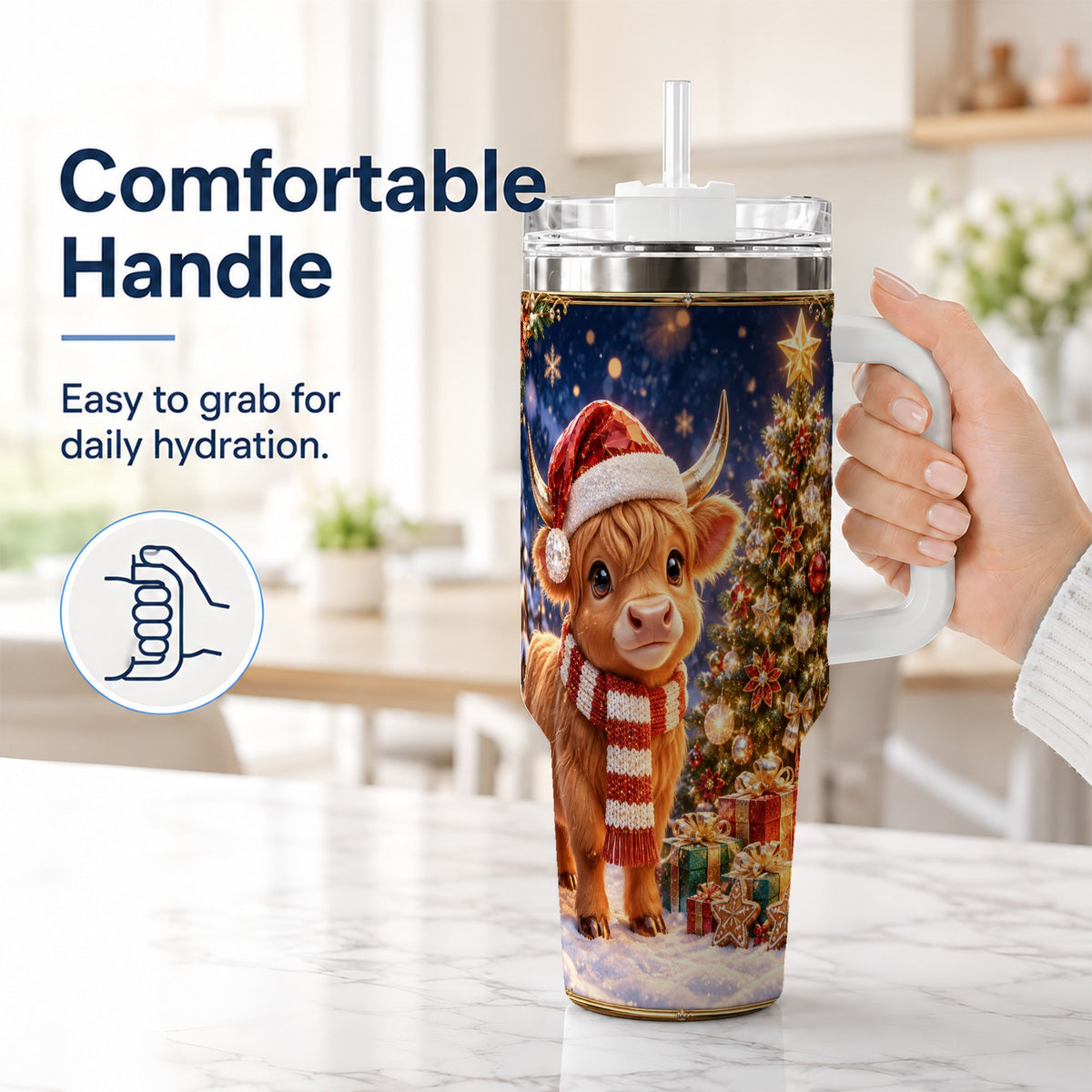 #pl[40oz|White] Cute Christmas Highland Cow 40oz Tumbler, Holiday Travel Cup